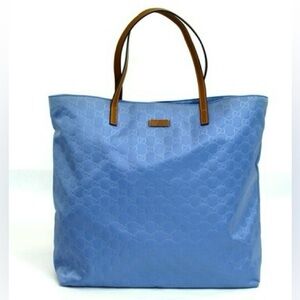 Gucci Guccisima Nylon Tote Bag In Blue With Brown Straps